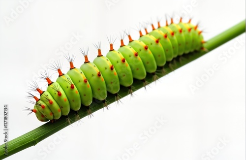 Closeup view of vibrant green crawling along plant stem. Orange, yellow spots. Nature scene in macro style. Insect on stem. Wildlife photography. Invertebrate. Larvae stage. Side view. Colorful photo