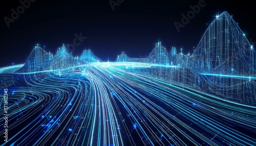 abstract technology background illustration of a city at night featuring light trails and wireframe hill in 3d rendering