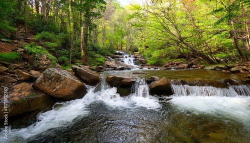 shamokin waterfall springs nature preserve by river stream and water flowing on hiking trail in wintergreen resort virginia
