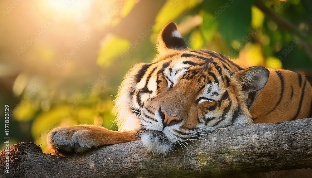 Fototapeta premium a tiger sleeping on a tree branch in the sunlight
