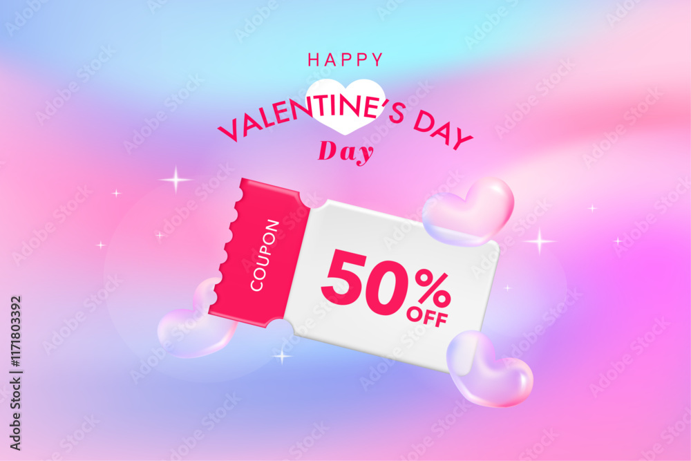 Happy valentine's day promotion sales and Discount coupon online purchases. Tag label, banner with Percentage isolated. 3d rendering.