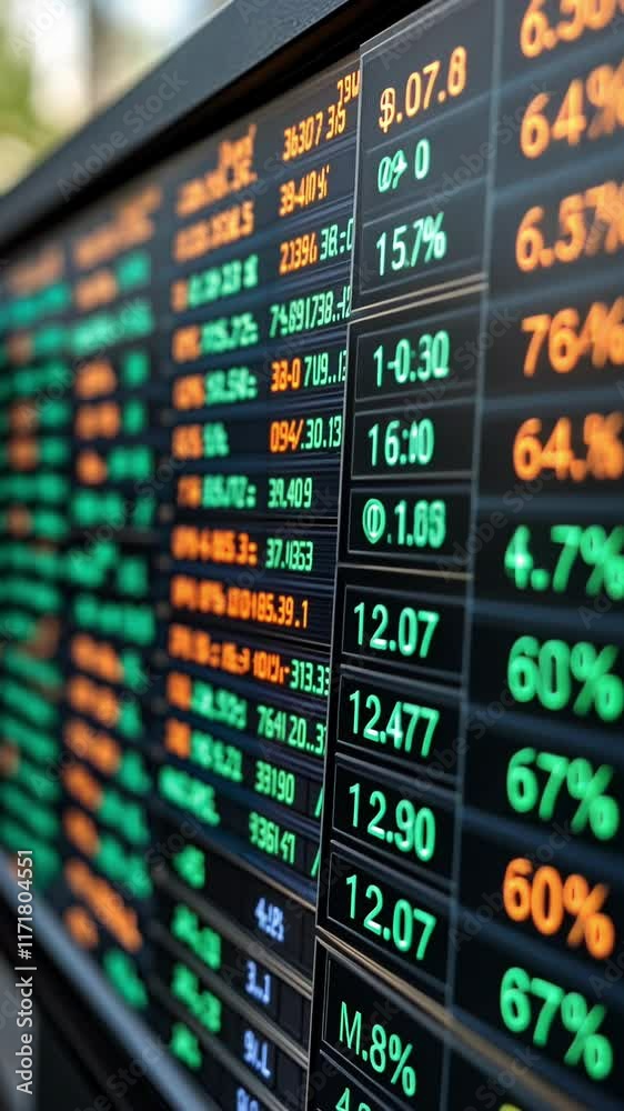 Stock Market Display Shows Real-Time Trading Data and Price Fluctuations in a Financial District Stock Market Display Shows Real-Time Trading Data and Price Fluctuations in a Financial District