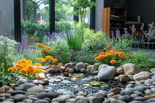 Indoor Garden With Orange Flowers And Small Pond photo