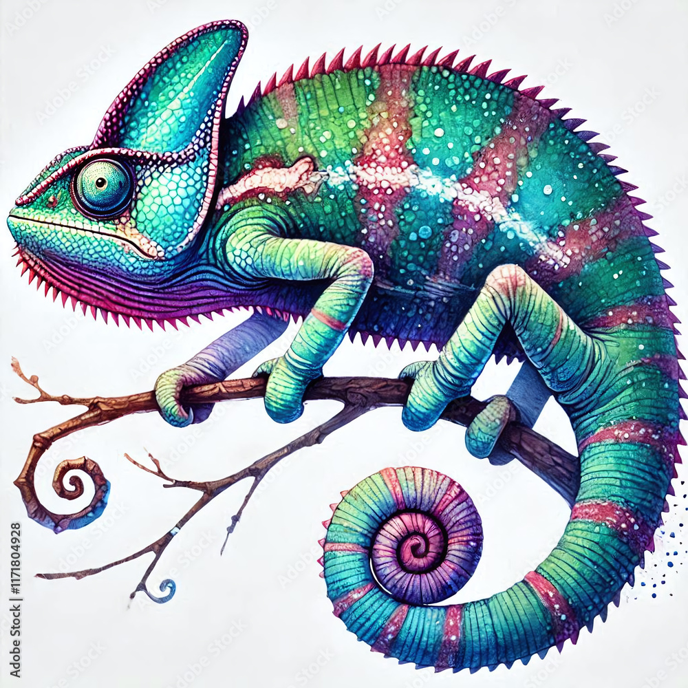 Fototapeta premium Chameleon, watercolor clipart illustration. Generative AI.