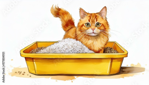 cartoon ginger fluffy cat tail sticking up sits in yellow cat tray filled with white cat litter white background watercolor illustration