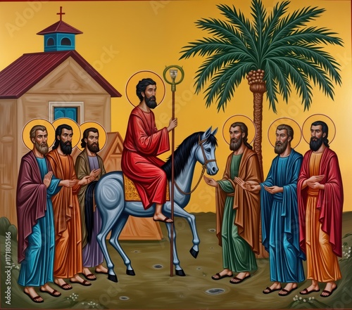 Jesus Christ rides donkey. Religious icon Jesus entry to Jerusalem. People greet Jesus. Holy Trinity Convent chapel Lomnica. Slovakia. 2019. Palm Sunday icon. Jesus looks peaceful. Religious photo