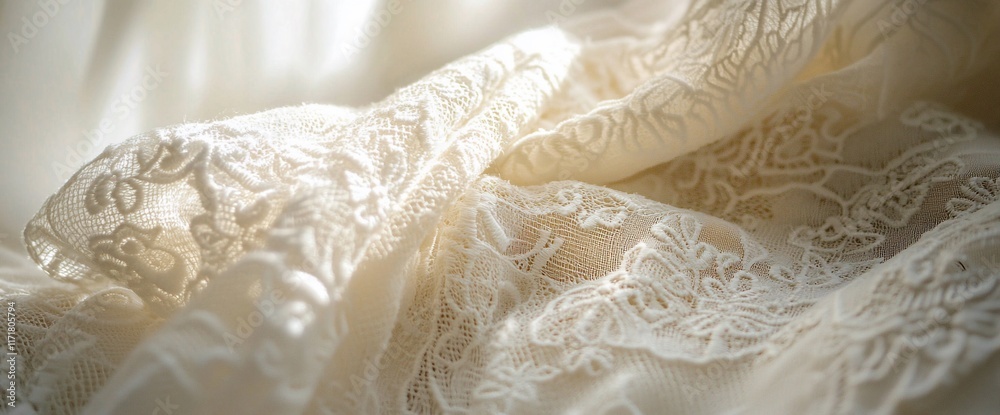 Delicate ivory lace fabric with intricate floral patterns, softly draped in sunlight. Delicate ivory lace fabric with intricate floral patterns, softly draped in sunlight.