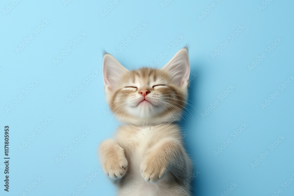 Obraz premium Smiling kitten lying on its back against a pastel blue background. Relaxation and happiness concepts