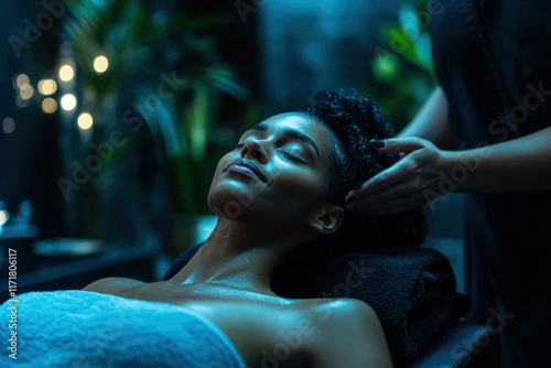 Woman luxuriously enjoys a face massage at the spa, eyes closed in bliss, surrounded by soft lighting and tranquil ambiance. photo