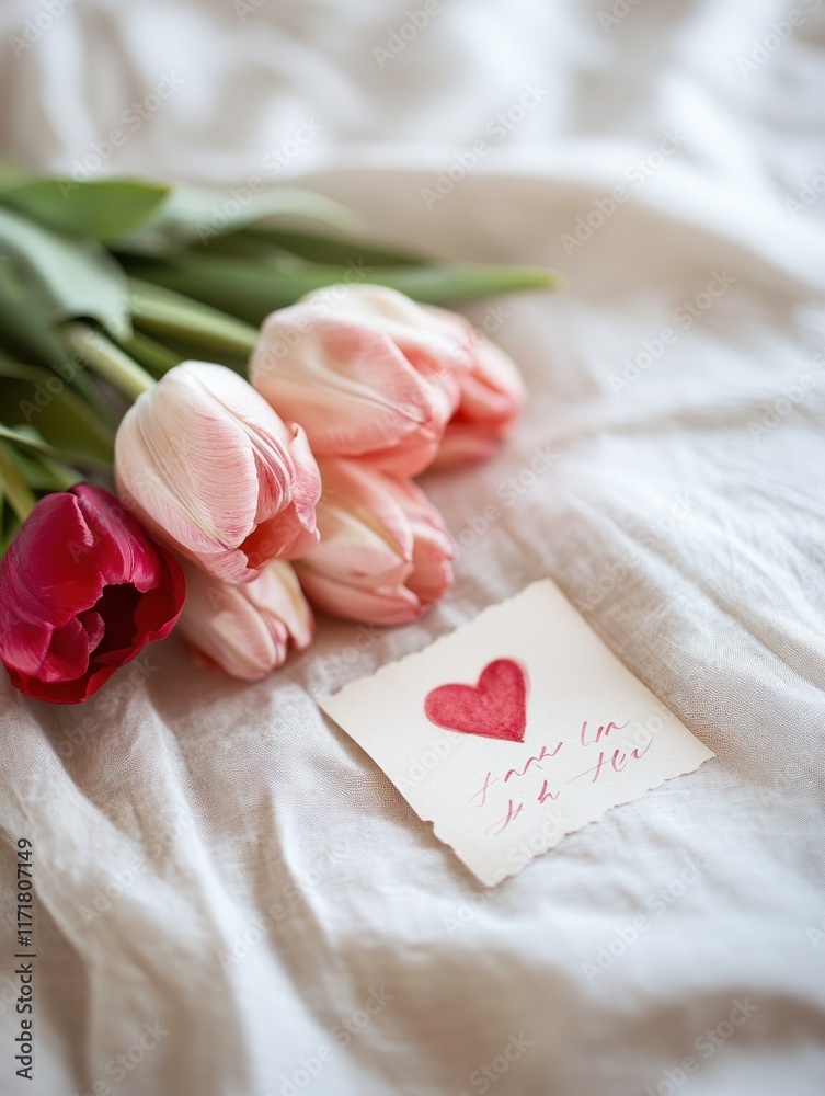 Romantic bouquet of red and pink tulips with heart note for love expressions Romantic bouquet of red and pink tulips with heart note for love expressions
