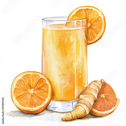 A watercolor vector painting of a glass of orange and ginger juice, isolated on a white background. Orange Ginger Juice vector.

