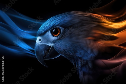 Close-up of a parrot with fiery and cool abstract streaks. dynamic branding photo