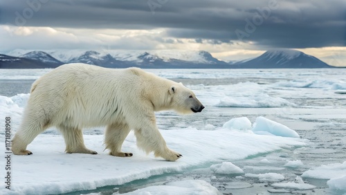 Large polar bear walking on the ice