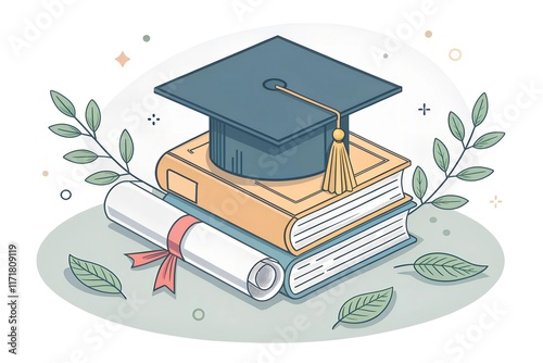 Square graduation cap with scroll on a pile of books. Academic cap with diploma and books isometric icon. Education illustration. High school graduation. Element for your design.