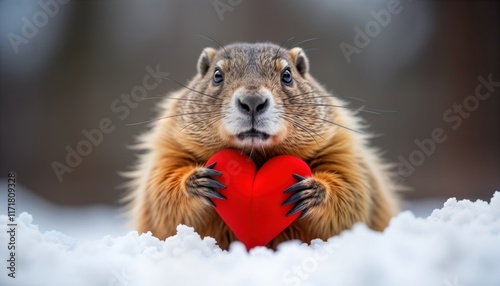 Groundhog holds red heart in snowy winter scene. Cute animal expresses love. Fluffy rodent shows affection. February holiday. Happy groundhog in nature. Winter season. Cute animal with red heart.