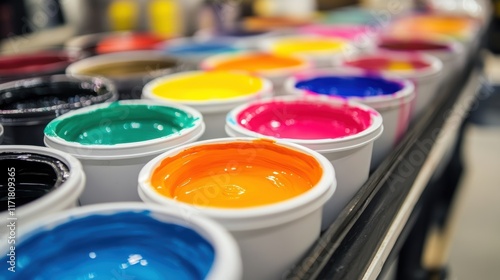 White open buckets filled with vibrant plastisol inks line a conveyor belt, awaiting use in a bustling screen printing workshop, showcasing the colorful side of the printing process photo