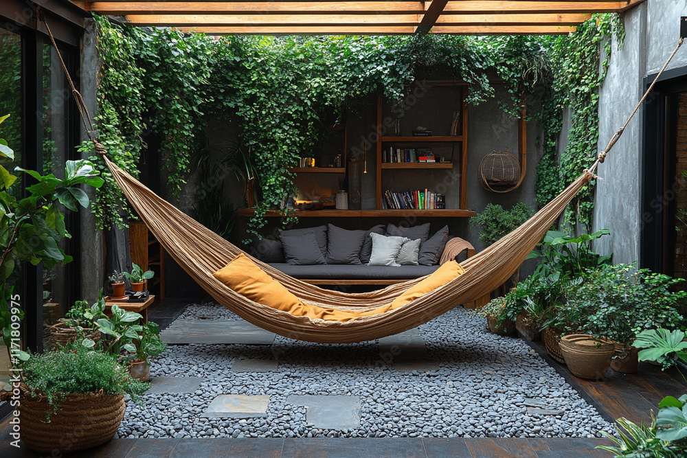 Fototapeta premium Serene Hammock Oasis in Lush Green Courtyard Garden