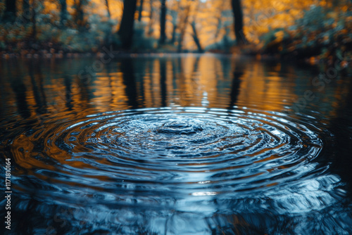 Autumnal Forest Reflection In Calm Water Ripples