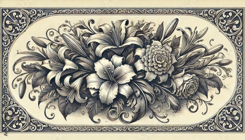 Vintage floral illustration in engraving style. Detailed and elegant. Generated with AI. photo