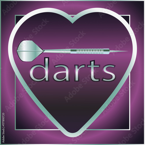 square with purple background. In the center there is a white frame in the shape of a heart, the word "darts" Inside the heart. Silver dart.  the design is simple and minimalistic.