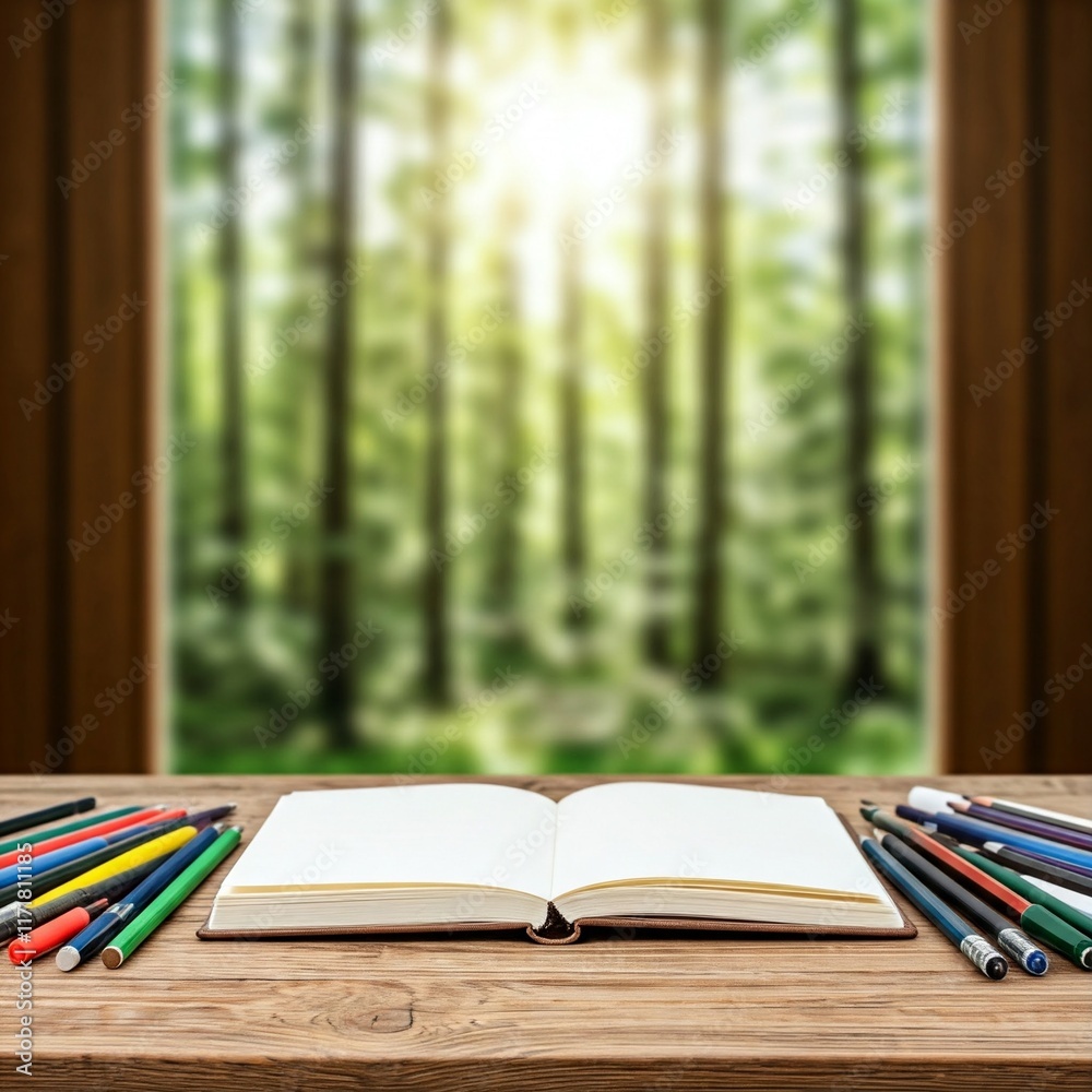 A desk with various colored pens and diverse pencils. On top of the desk, a blank book, and in the background, a blurred window open to a forest. A desk with various colored pens and diverse pencils. On top of the desk, a blank book, and in the background, a blurred window open to a forest.