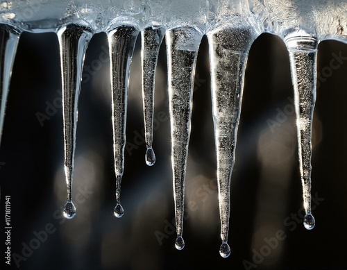 stunning close up of icicles hanging from a surface capturing the beauty and fragility of winter s frozen sculptures against a dark background photo