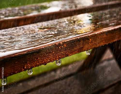 close up of rain running down the surface of an old wooden bench