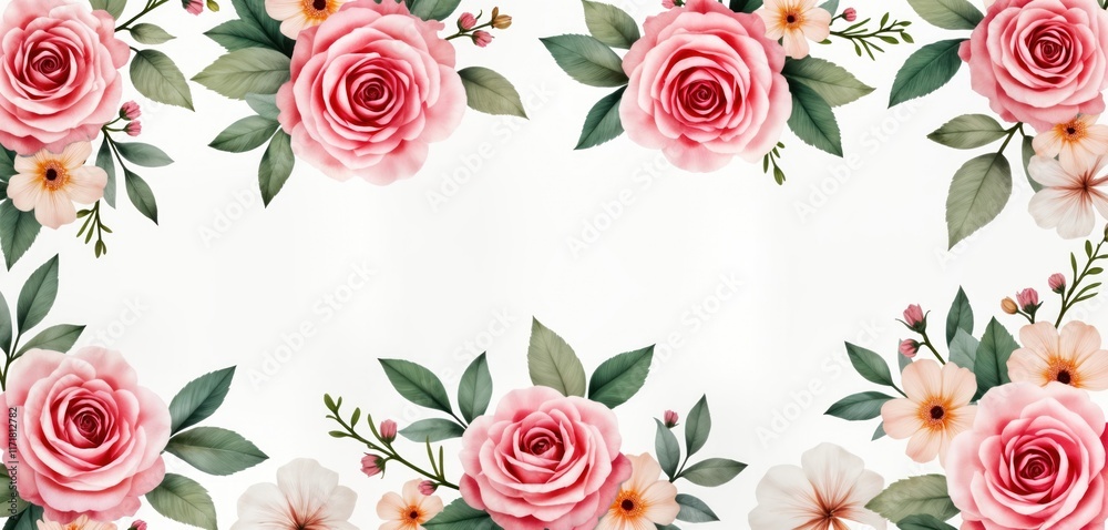 Pink rose flower arrangement isolated on white backdrop. Watercolor style botanical illustration. Variety of flowers, leaves. Floral bouquet design. Suitable for wedding invitations cards prints. Pink rose flower arrangement isolated on white backdrop. Watercolor style botanical illustration. Variety of flowers, leaves. Floral bouquet design. Suitable for wedding invitations cards prints.