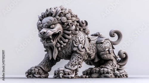 Intricate stone lion statue, 3D render, detailed carving, Asian art. photo