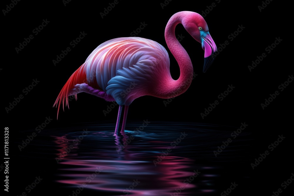 Obraz premium Close-up of a pink flamingo standing in dark reflective water. Wildlife photography for exotic and tropical themes