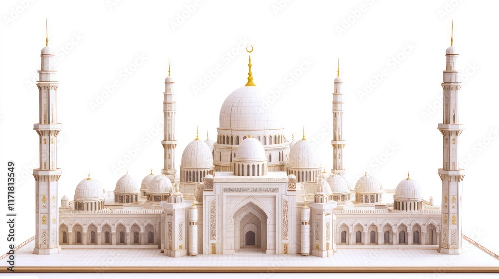 Obraz premium A detailed 3D render of a grand white mosque with multiple domes, minarets, and intricate architectural details, isolated on a white background.