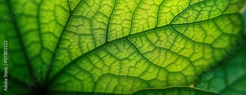 Close-up view of vibrant green leaf. Detailed macro photo intricate vein patterns, complex structure of leaf. Nature, plant lovers appreciate rich color, fine details of leaf. Perfect for nature