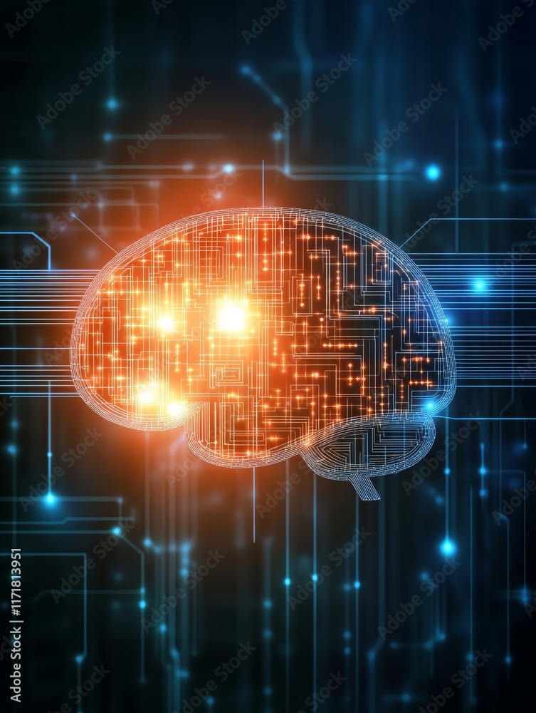 Obraz premium Futuristic Digital Brain with Glowing Neural Network and Circuit Pathways 8