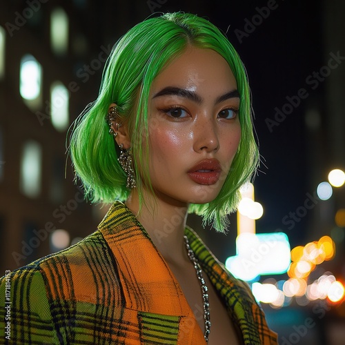 Close Up Fashion Shot of Model with Green Hair in New York City Street at Night