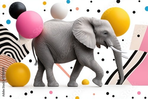 Stylized elephant walking amidst colorful geometric shapes. Conceptual design for creativity and boldness photo