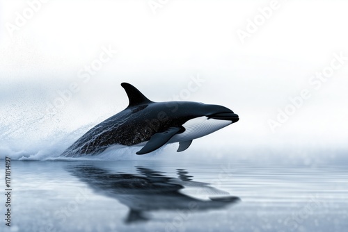 Orca jumping out of the water against a minimal white background. Wildlife photography for power and marine themes photo