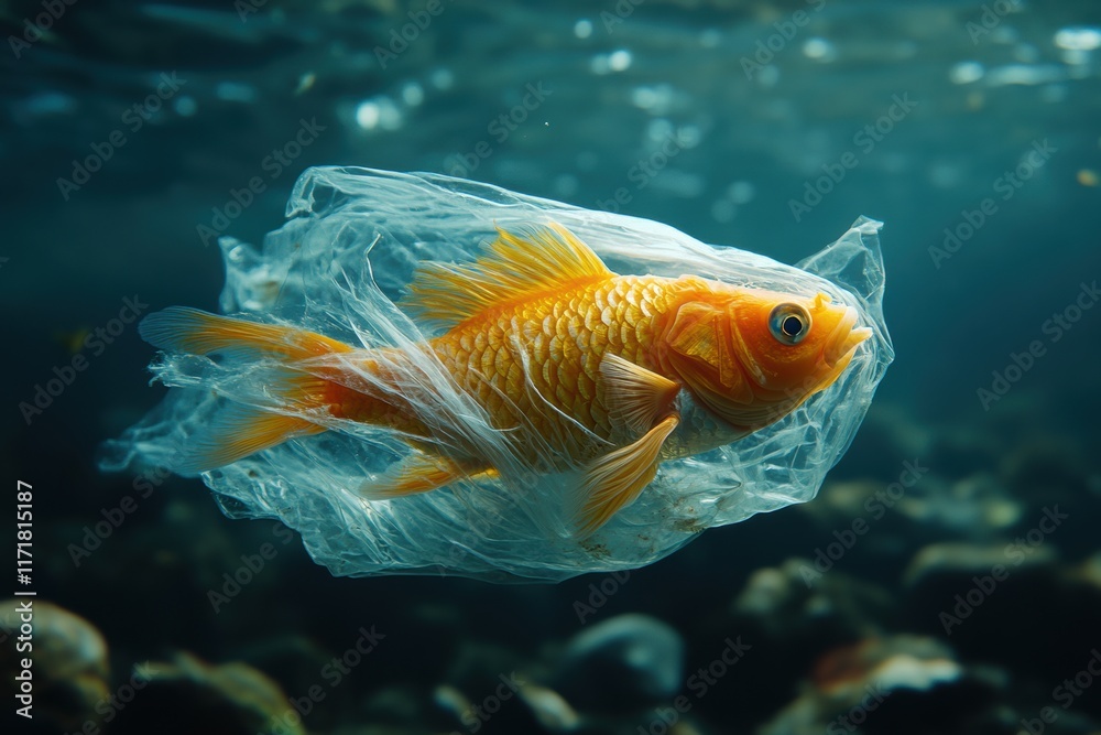 Naklejka premium Fish Trapped in Plastic Underwater, Highlighting Marine Pollution and Environmental Impact, ocean protection concept