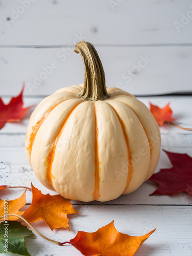 Autumn Pumpkin Whitewashed Wooden Background