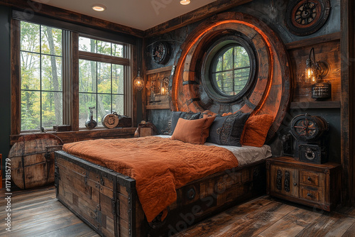 Rustic Steampunk Bedroom Featuring A Unique Wooden Bed