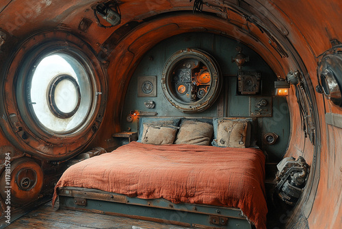 Steampunk Style Bedroom Interior Design Featuring A Bed