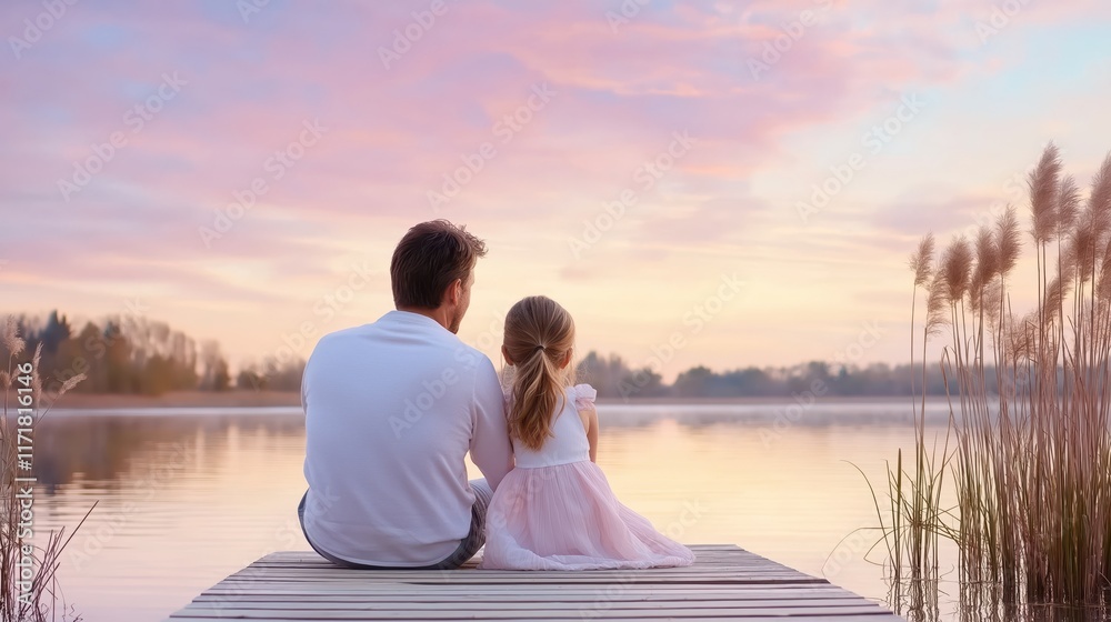 Fototapeta premium Quiet moments shared between parent and child by a tranquil lake under pastel twilight sky