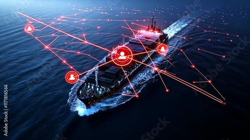 A bird's-eye view of a cargo ship in open waters, with virtual security checkpoints and trade route lines illuminating its path