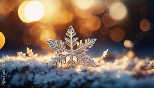 stunning close up of a crystal snowflake on frosty ground with golden bokeh background capturing the essence of winter s beauty photo