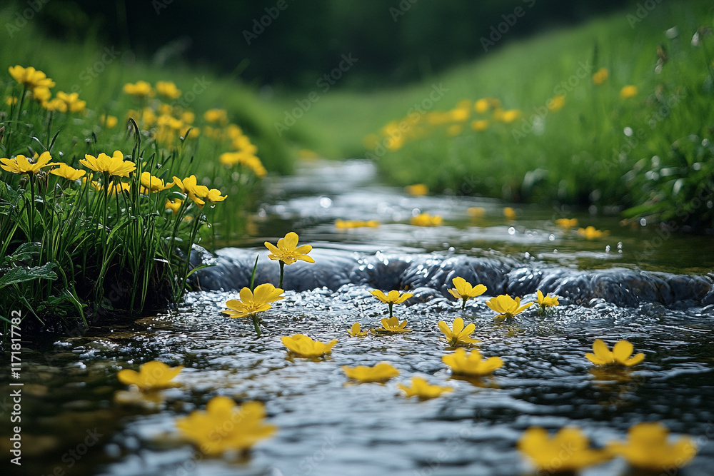 Fototapeta premium Yellow Flowers Floating on a Gentle Stream