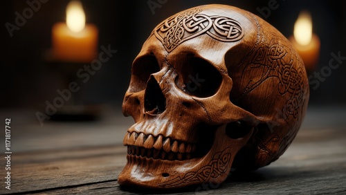 on a dark background, a wooden carved skull sculpture among candles