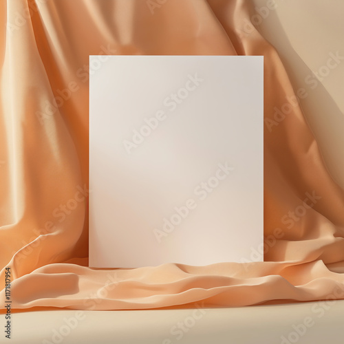 A clean, blank surface is set against a softly draped fabric backdrop, showcasing an opportunity for design and creative mockups. The warm tones enhance the aesthetic appeal. photo