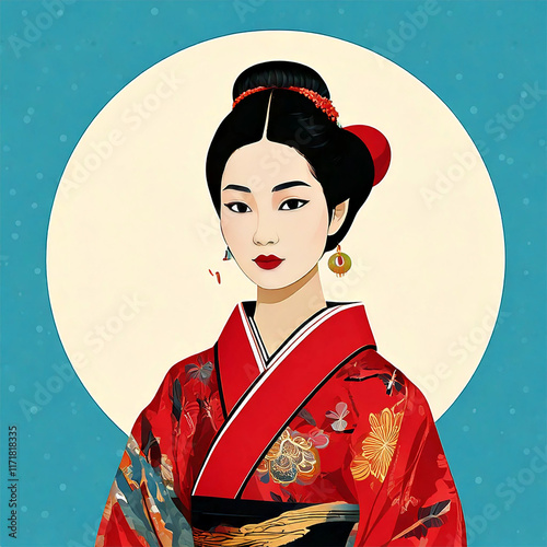 赤い着物を着た女性を描いたイラストです。背景には満月を思わせる丸い白い円が配置され、青い空に細かな模様が施されています。伝統的な日本美を表現したエレガントなデザインです。