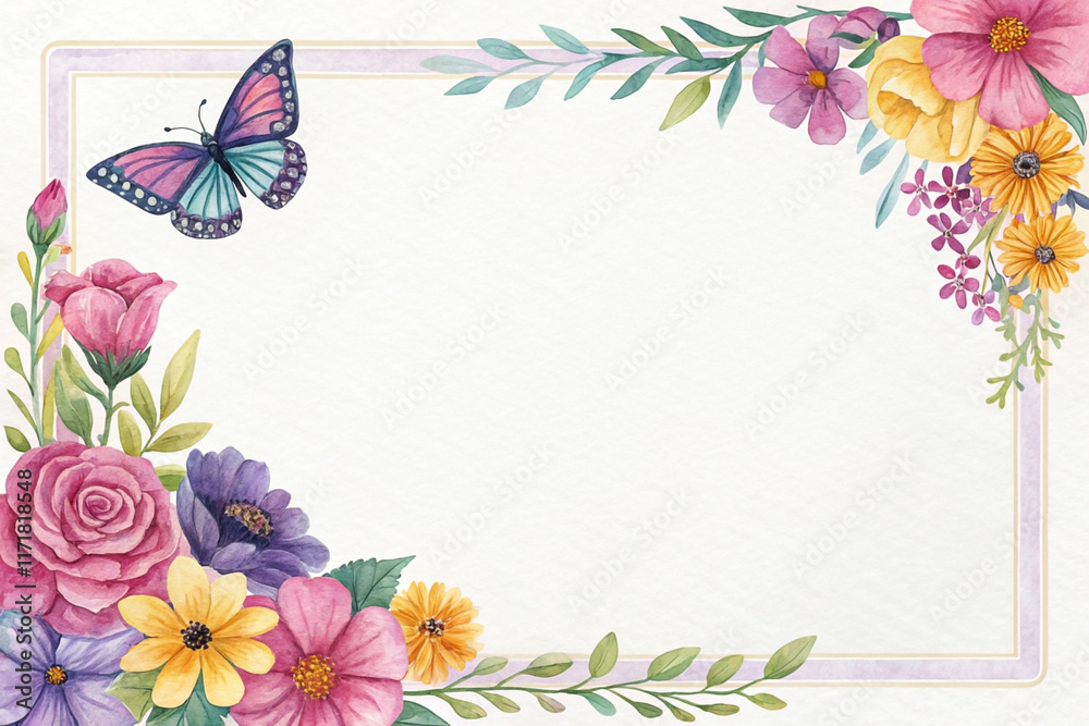 Fototapeta premium Watercolor floral frame with butterfly, blank space for text. (2)