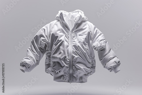 levitating fashion photography, a high definition photo capturing the detailed movement and texture of a floating grey hardshell jacket against a white backdrop in k ultra realism photo