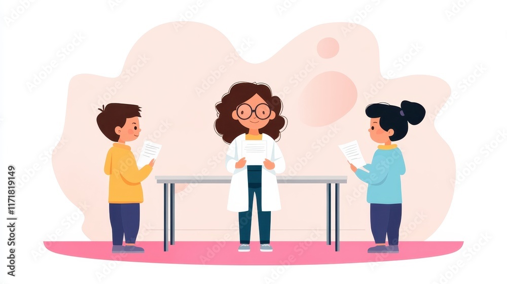 A cartoon illustration showing a doctor interacting with two children, promoting learning and health awareness in a friendly environment. A cartoon illustration showing a doctor interacting with two children, promoting learning and health awareness in a friendly environment.